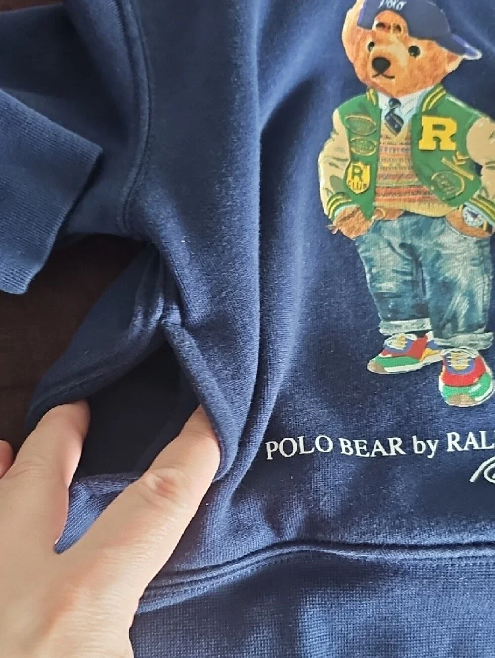 Ralph Lauren Navy Hoodie with Polo Bear and Yellow Sleeve Stripes